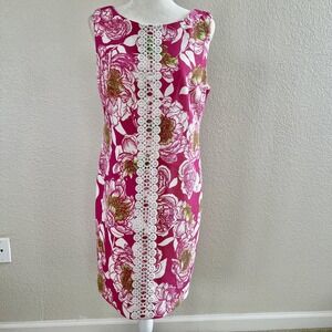 J Howard Sz 12 Hot Pink Barbiecore Floral Sleeveless Crochet Detail Spring Dress